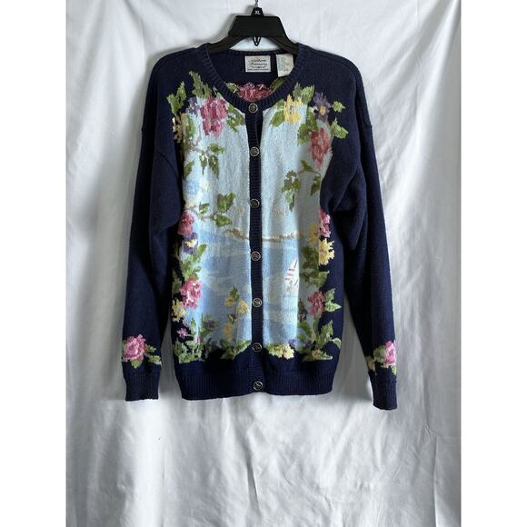 VTG Northern Treasures Women's Navy Blue Sail Boat Floral Button-Up Cardigan Med - Picture 1 of 16